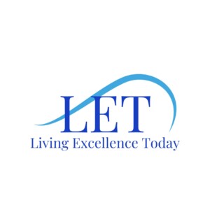 A blue and white logo of let
